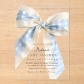 Blue Gingham Checks Bow Cute Baby Shower Acryl Uitnodigingen (Voorkant)