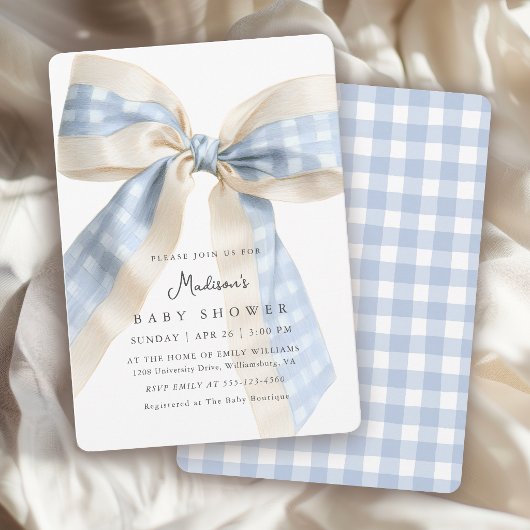 Blue Gingham Checks Bow Cute Baby Shower Kaart