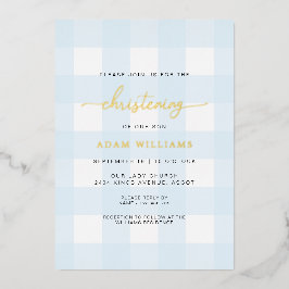 Blue Gingham Christening Gold Foil Uitnodiging
