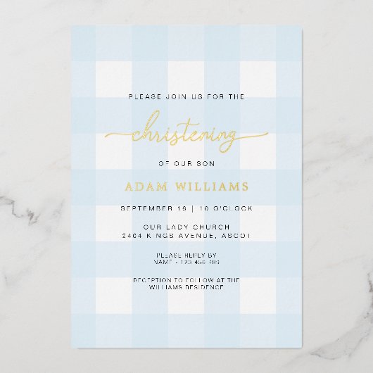 Blue Gingham Christening Gold Foil Uitnodiging (Voorkant)