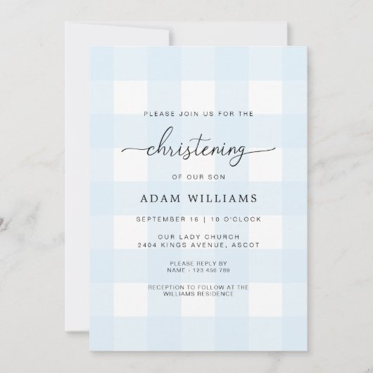 Blue Gingham Christening Uitnodiging (Voorkant)