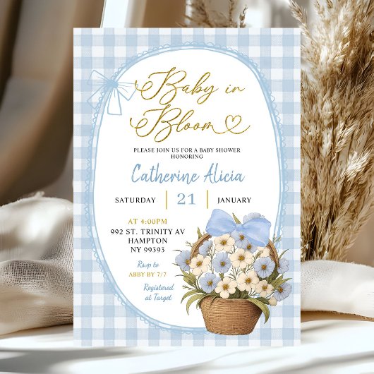 Blue Gingham Coquette Baby in Bloom Baby Shower Kaart