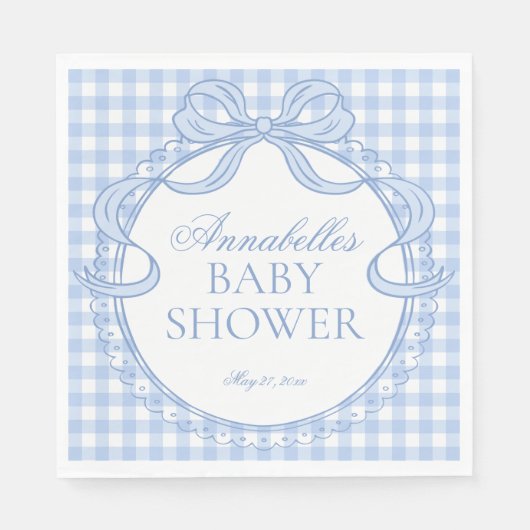 Blue Gingham Coquette Bow Baby Shower Dessert Servet (Voorkant)