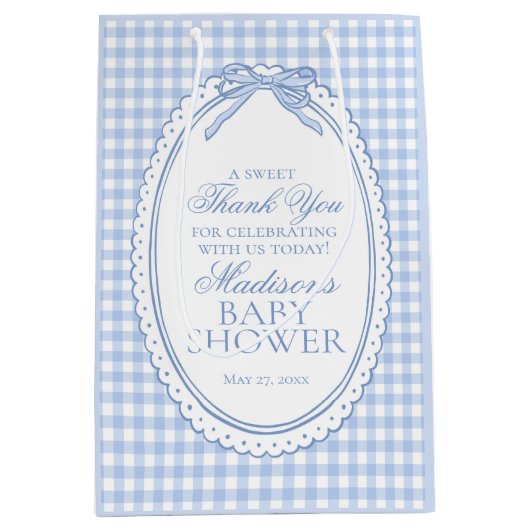 Blue Gingham Coquette Bow Baby Shower Favors Medium Cadeauzakje (Voorkant)