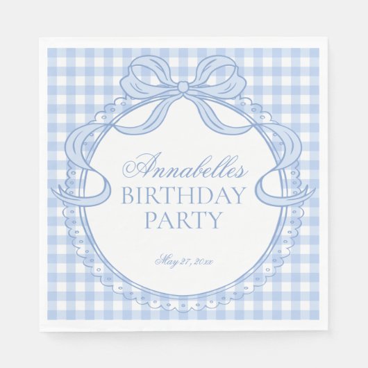 Blue Gingham Coquette Bow Birthday Party Dessert Servet (Voorkant)