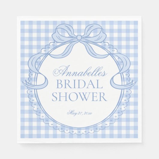 Blue Gingham Coquette Bow Bridal Shower Dessert Servet (Voorkant)