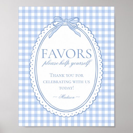 Blue Gingham Coquette Bow Favors Sign Poster (Voorkant)