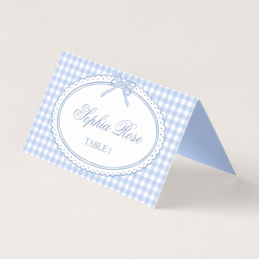 Blue Gingham Coquette Bow Place Card Table Decor Kaart (Voorkant)