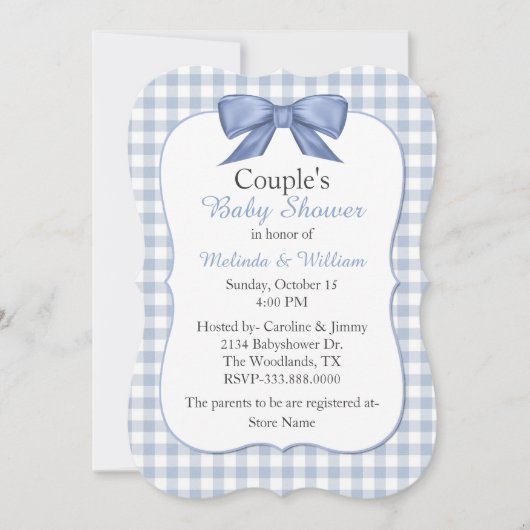 Blue Gingham Couple's Baby shower Invitation Kaart (Voorkant)