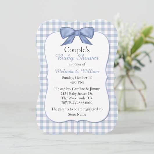 Blue Gingham Couple's Baby shower Invitation Kaart (Staand voorkant)