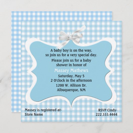 Blue Gingham Custom Baby shower Kaart (Voorkant / Achterkant)