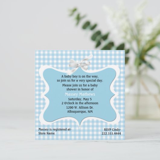  Blue Gingham Custom Baby shower Kaart (Staand voorkant)