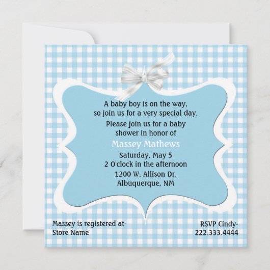  Blue Gingham Custom Baby shower Kaart (Voorkant)
