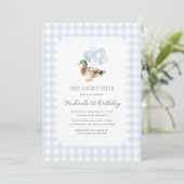 Blue Gingham Duck 1e verjaardag Kaart (Staand voorkant)