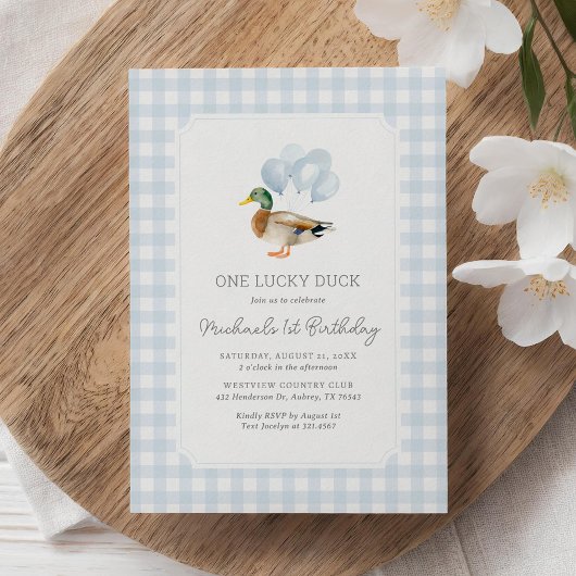 Blue Gingham Duck 1e verjaardag Kaart