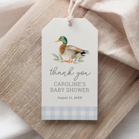 Blue Gingham Duck Baby shower Cadeaulabel
