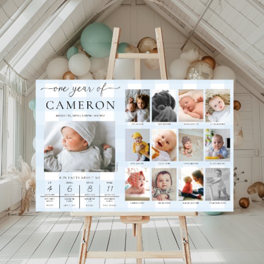 Blue Gingham Eerste Verjaardag Foto Milestone Poster