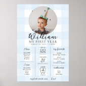 Blue Gingham eerste verjaardag mijlpaal tijdlijn Poster (Voorkant)