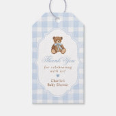 Blue Gingham Elegant Teddy Bear Baby Shower Cadeaulabel (Voorkant)