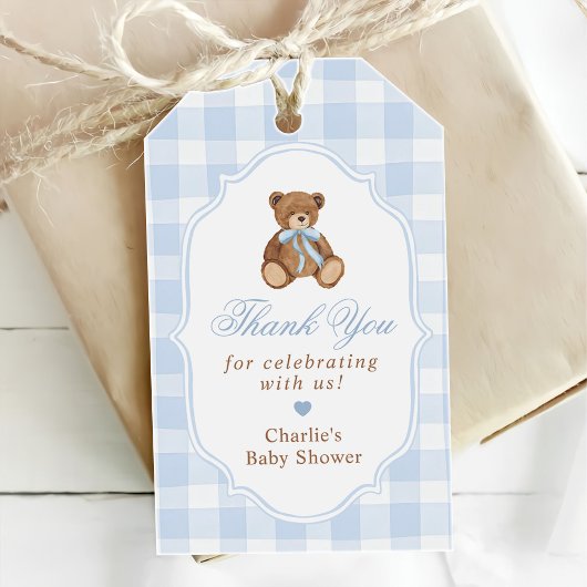 Blue Gingham Elegant Teddy Bear Baby Shower Cadeaulabel