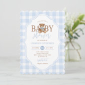 Blue Gingham Elegant Teddy Bear Baby Shower Kaart (Staand voorkant)