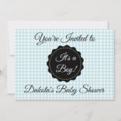 Blue Gingham en Black Boy Baby shower Uitnodiging (Voorkant)