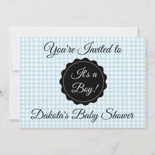 Blue Gingham en Black Boy Baby shower Uitnodiging (Voorkant)