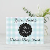 Blue Gingham en Black Boy Baby shower Uitnodiging (Staand voorkant)