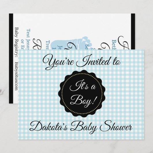 Blue Gingham en Black Boy Baby shower Uitnodiging (Voorkant / Achterkant)