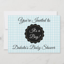Blue Gingham en Black Boy Baby shower Uitnodiging