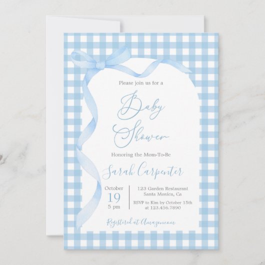 Blue Gingham en Bow Baby shower Boy Invitation Kaart (Voorkant)