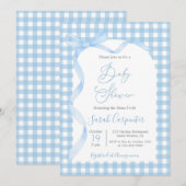 Blue Gingham en Bow Baby shower Boy Invitation Kaart (Voorkant / Achterkant)
