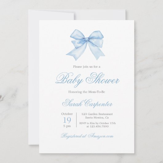 Blue Gingham en Bow Baby shower Boy Invitation Kaart (Voorkant)