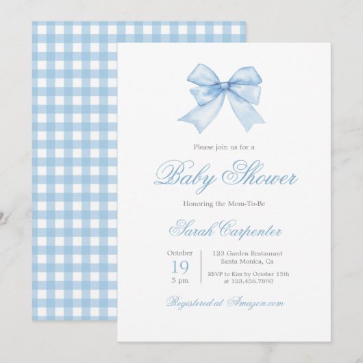 Blue Gingham en Bow Baby shower Boy Invitation Kaart (Voorkant / Achterkant)