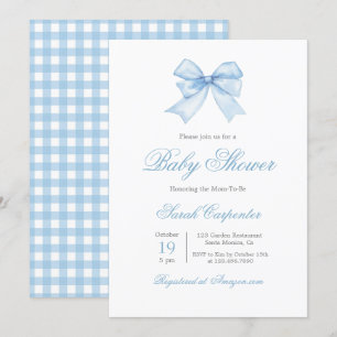 Blue Gingham en Bow Baby shower Boy Invitation Kaart
