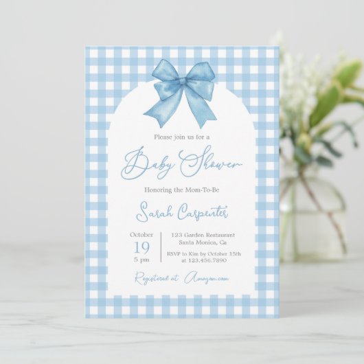 Blue Gingham en Bow Baby shower Boy Kaart (Staand voorkant)