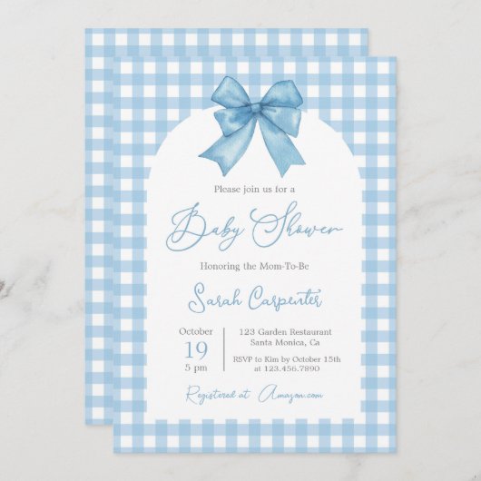 Blue Gingham en Bow Baby shower Boy Kaart (Voorkant / Achterkant)