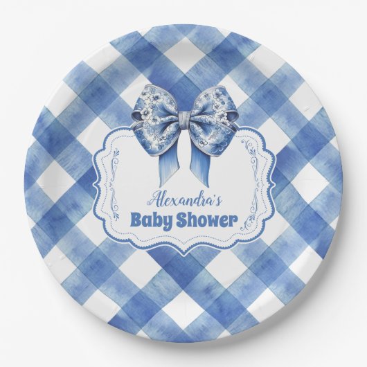 Blue Gingham en Bow Papieren Bordje (Voorkant)