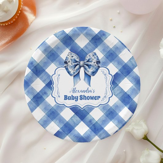 Blue Gingham en Bow Papieren Bordje