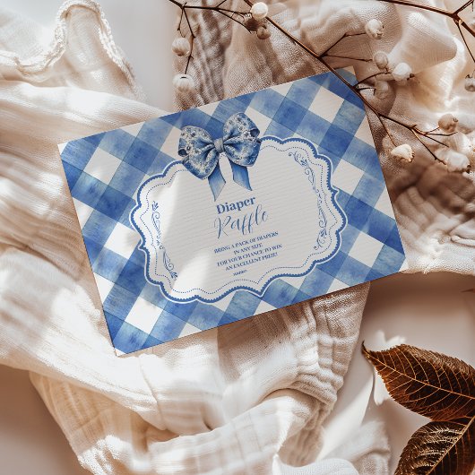 Blue Gingham en Bow Raffle Diapper Informatiekaartje