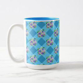 Blue Gingham en Paarse Blue Flowers Land Tweekleurige Koffiemok