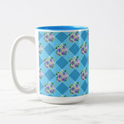 Blue Gingham en Paarse Blue Flowers Land Tweekleurige Koffiemok (Links)