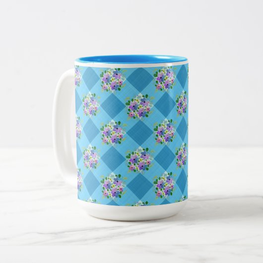 Blue Gingham en Paarse Blue Flowers Land Tweekleurige Koffiemok (Voorkant links)