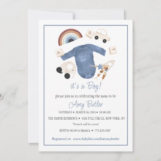 Blue Gingham en Toys Baby Boy Shower Uitnodiging (Voorkant)