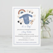 Blue Gingham en Toys Baby Boy Shower Uitnodiging (Staand voorkant)