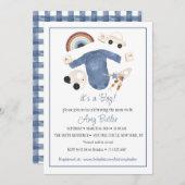 Blue Gingham en Toys Baby Boy Shower Uitnodiging (Voorkant / Achterkant)