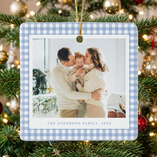Blue Gingham Family Photo Keramisch Ornament