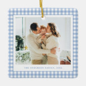 Blue Gingham Family Photo Keramisch Ornament (Voorkant)
