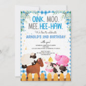 Blue Gingham Farm Animals Boy Birthday Barnyard Kaart (Voorkant)