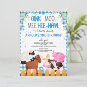 Blue Gingham Farm Animals Boy Birthday Barnyard Kaart (Staand voorkant)